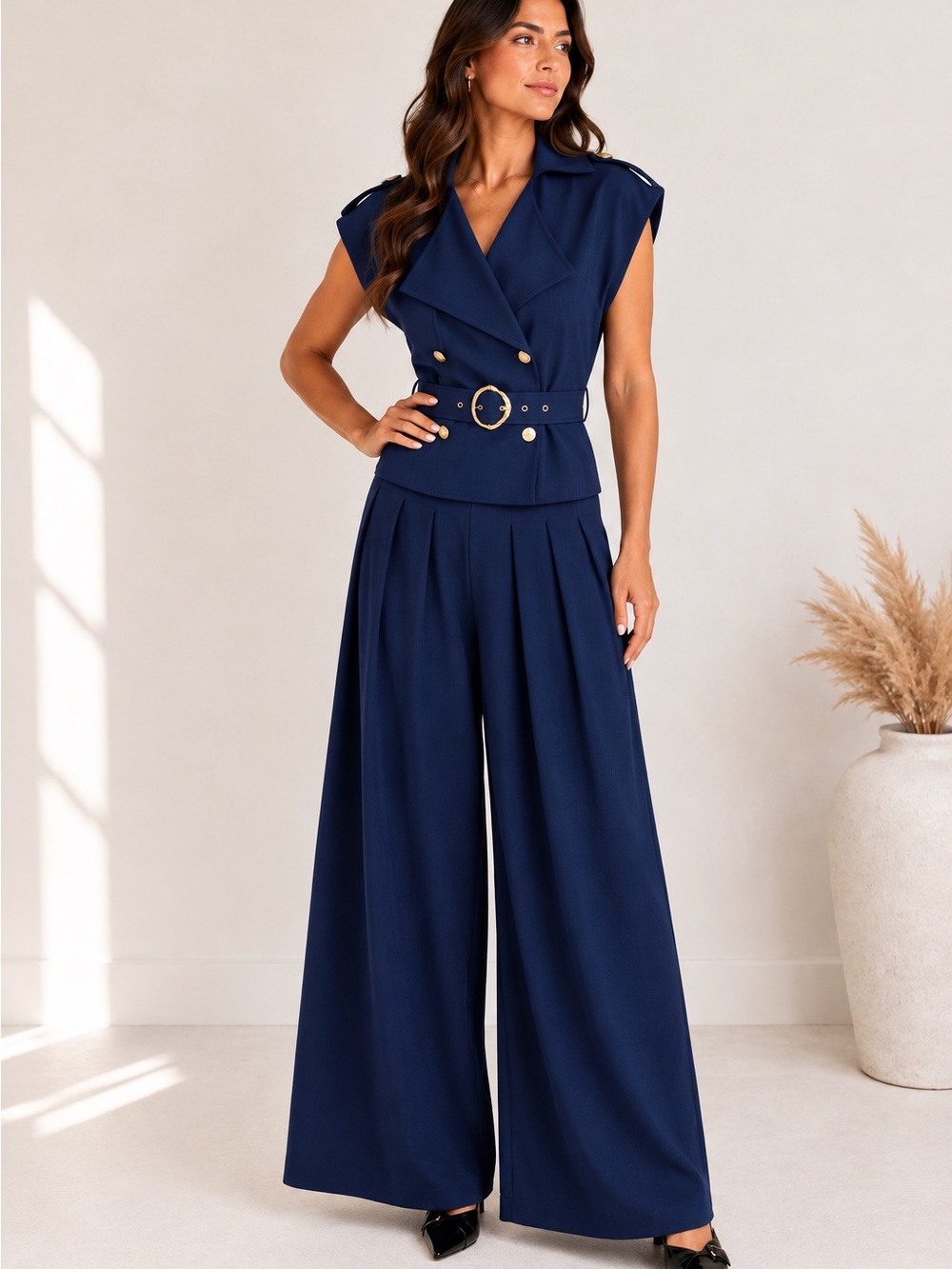 Sleeveless Navy Wide-Leg Jumpsuit with Belt